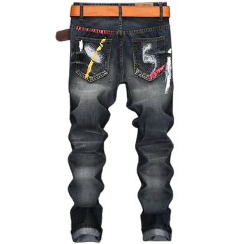 2019 Moške Jeans Modno Oblikovanje Biker vzletno-pristajalne Steze Hiphop Slim Kavbojke Luknjo za Ofsetno tiskanje Stiski Kavbojke Moški ripped kavbojke