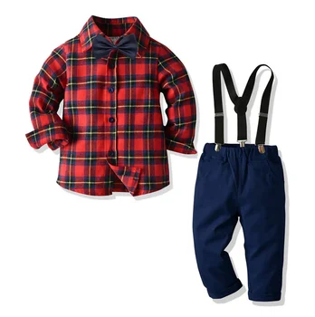 Baby Boy Oblačila Obleko, dvodelno, Otroci Rdeče Kariran Vzorec Dolg Rokav Majica + Modra Dolge Hlače